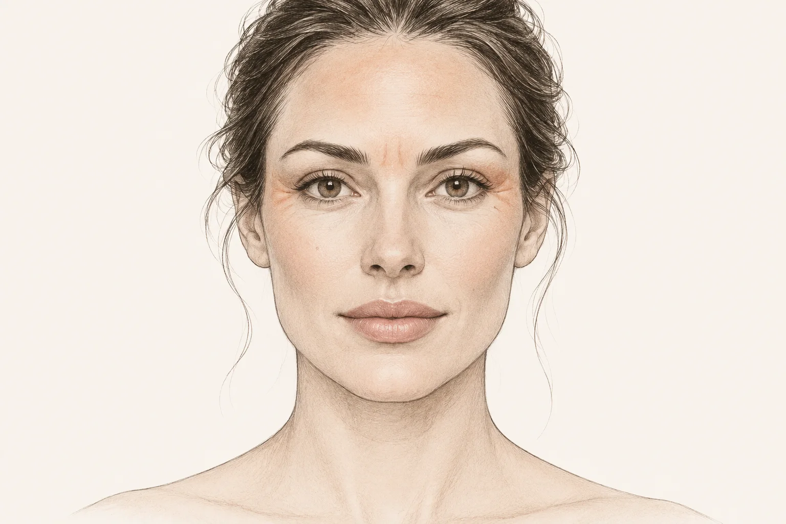Dessin de face : le front, l'espace entre les sourcils et le coin des yeux
